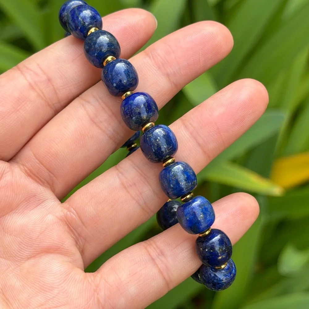 10mm stretchable stainless steel‎ blue lapis barrel shape bracelet 0808